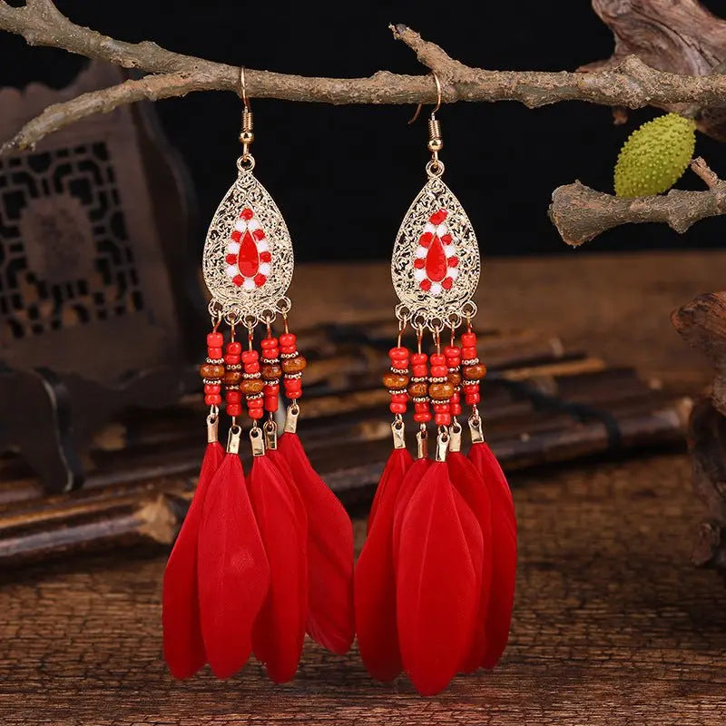 Creative Retro Feather Earrings for Women (16cm Long)-Jewearrings