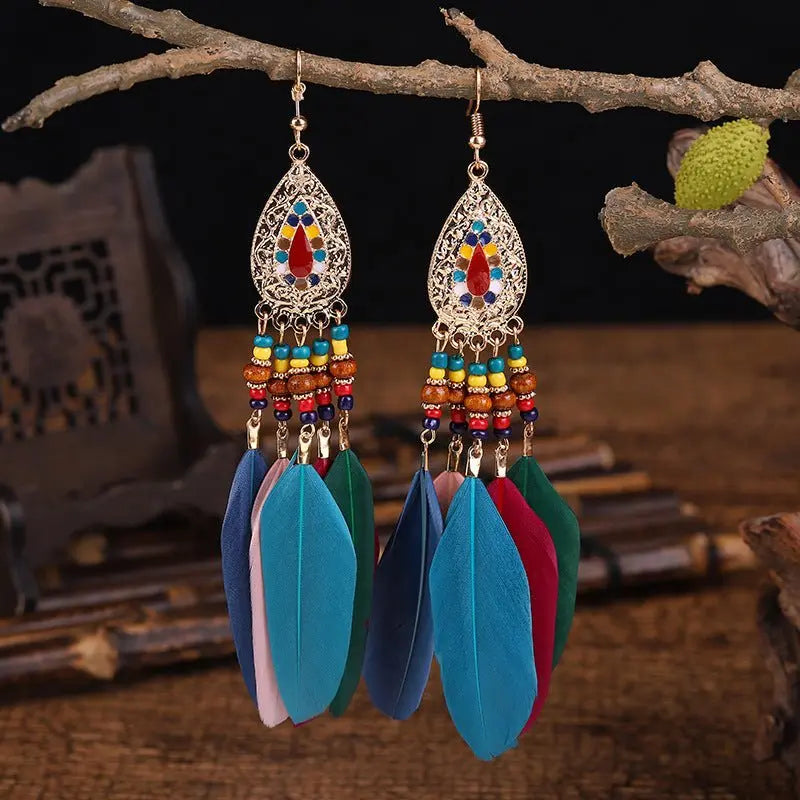 Creative Retro Feather Earrings for Women (16cm Long)-Jewearrings