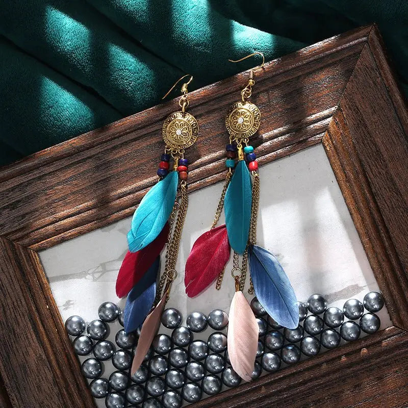 Creative Retro Feather Earrings for Women (16cm Long)-Jewearrings