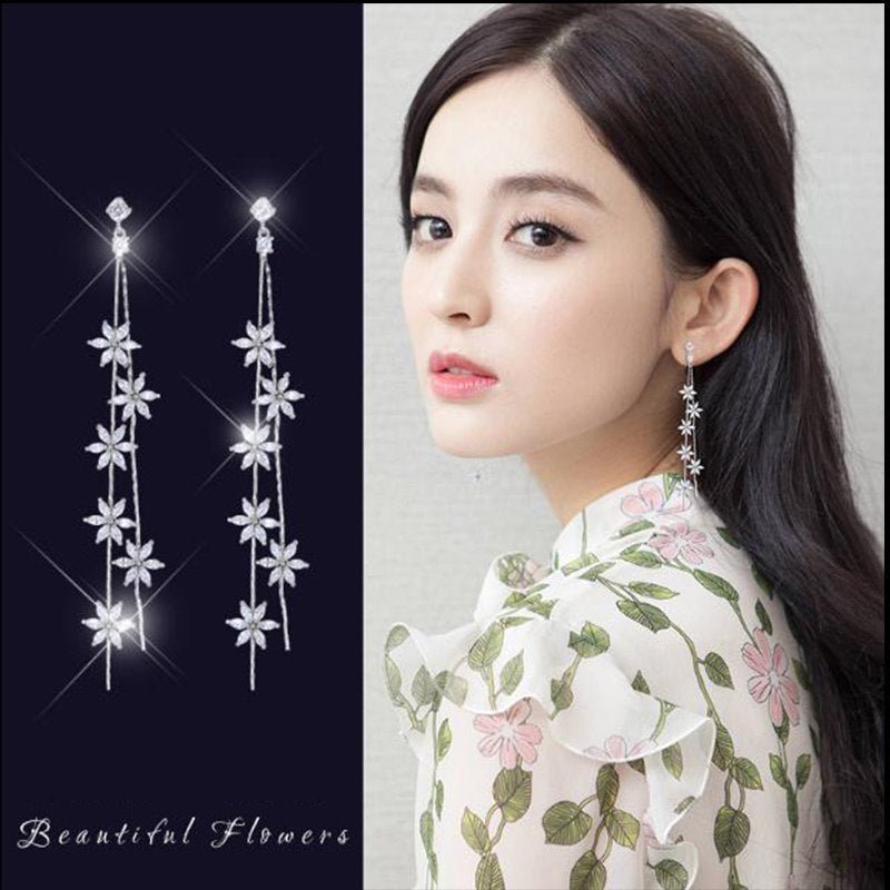 Creative zircon micro-set long tassel flower earrings female 925 silver needle earrings long small jewelry wholesale-Jewearrings