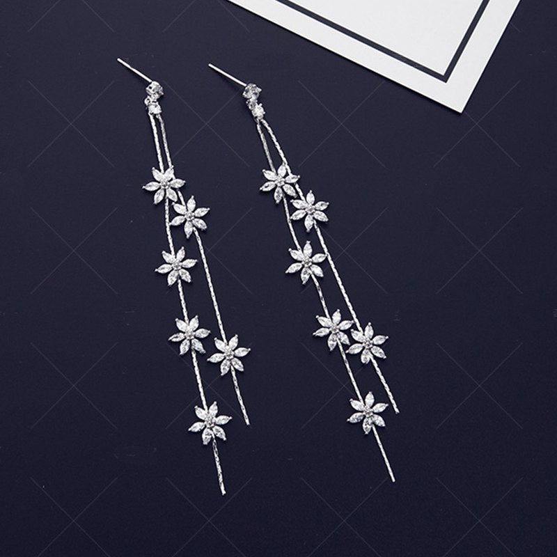 Creative zircon micro-set long tassel flower earrings female 925 silver needle earrings long small jewelry wholesale-Jewearrings