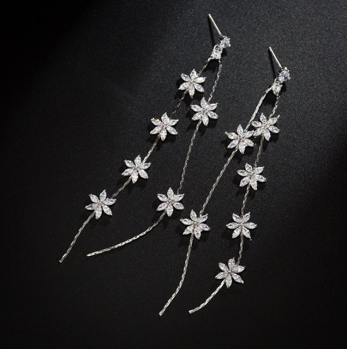 Creative zircon micro-set long tassel flower earrings female 925 silver needle earrings long small jewelry wholesale-Jewearrings