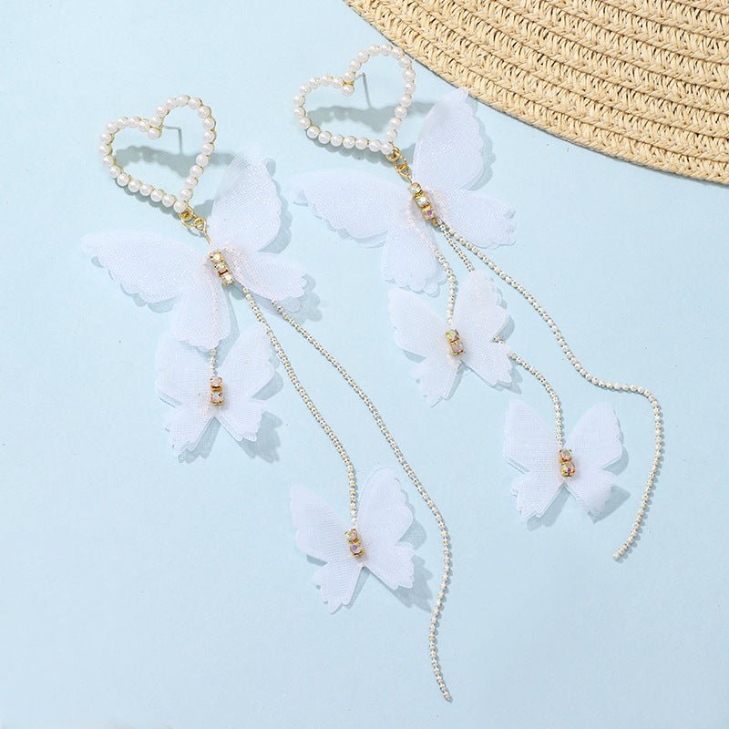 Cross-border European And American Fashion Exquisite Earrings Romantic Temperament Love Pearl Butterfly Earrings Long Earrings-Jewearrings