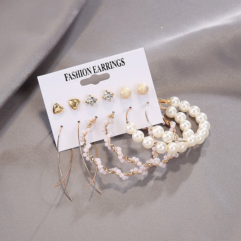 Cross-Border Hot-Selling Earrings Acrylic Faux Pearl Geometric Circle Flashing Diamond Tassel Earring Set Piece-Jewearrings