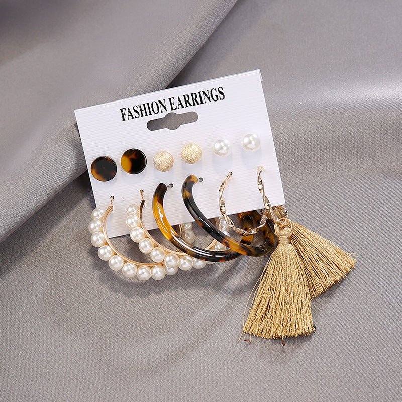 Cross-Border Hot-Selling Earrings Acrylic Faux Pearl Geometric Circle Flashing Diamond Tassel Earring Set Piece-Jewearrings