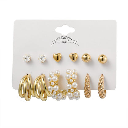 Cross-border Hot Selling Inlaid Pearl Twist Temperament Women's Earrings Set 6 Pieces Creative Retro Gold Love Heart Stud Earrings-Jewearrings