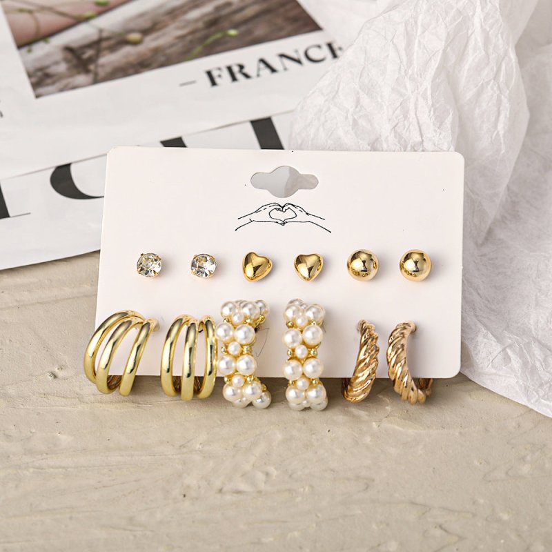 Cross-border Hot Selling Inlaid Pearl Twist Temperament Women's Earrings Set 6 Pieces Creative Retro Gold Love Heart Stud Earrings-Jewearrings