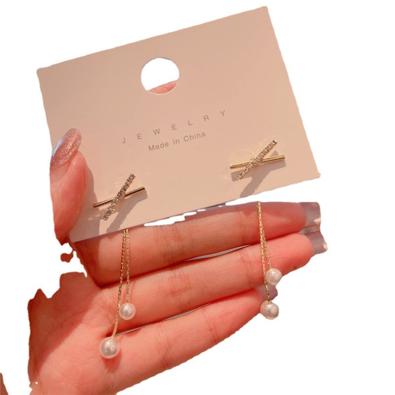 Cross Front And Back Tassel Long Pearl Earrings-Jewearrings