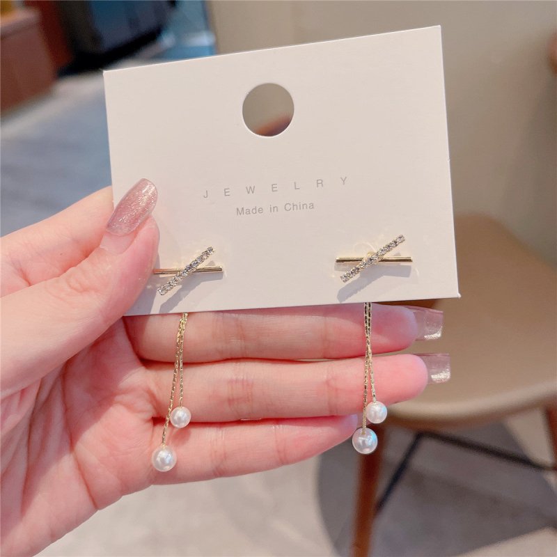 Cross Front And Back Tassel Long Pearl Earrings-Jewearrings