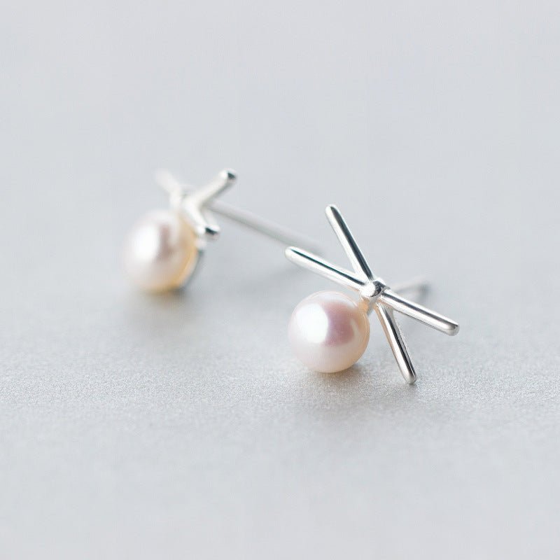 Cross Line Pearl Stud Earrings-Jewearrings