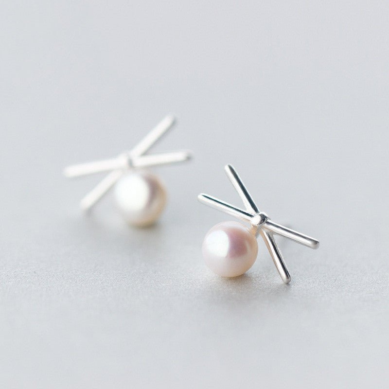 Cross Line Pearl Stud Earrings-Jewearrings