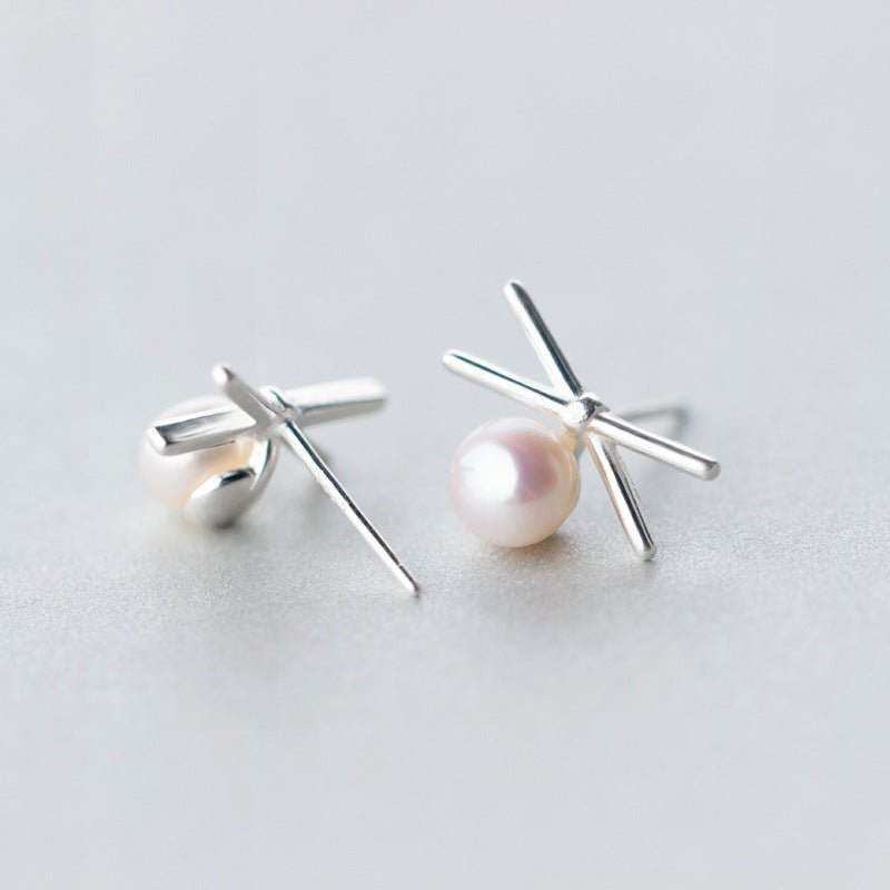 Cross Line Pearl Stud Earrings-Jewearrings