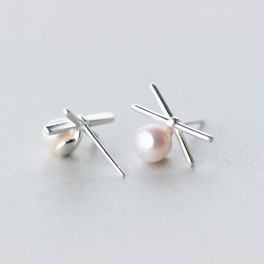 Cross Line Pearl Stud Earrings-Jewearrings