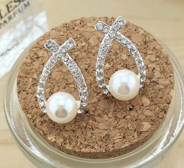 Cross pearl flash drill earrings-Jewearrings