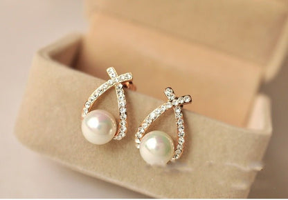 Cross Pearl Sparkling Diamond Stud Earrings Exquisite Fashion-Jewearrings