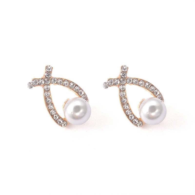 Cross Pearl Sparkling Diamond Stud Earrings Exquisite Fashion-Jewearrings