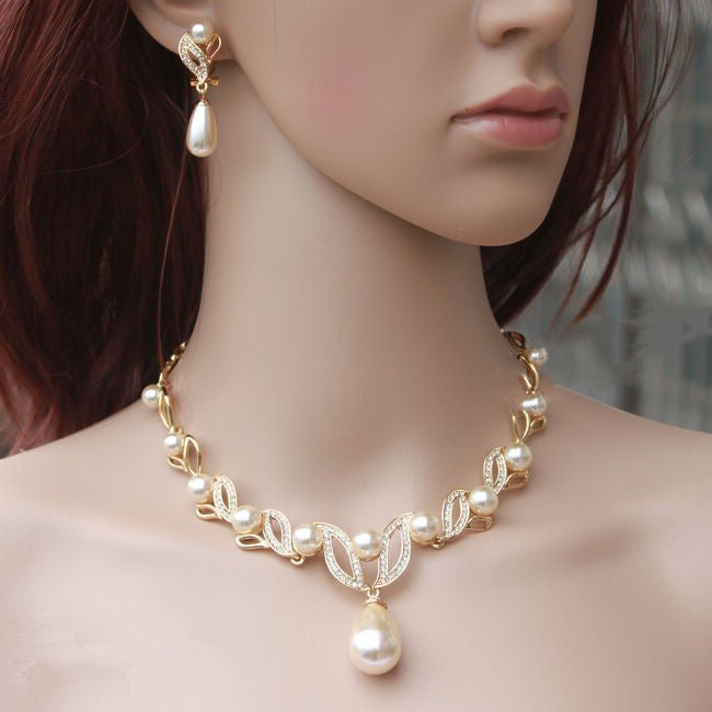 Crystal, Diamond, Pearl Necklace And Earrings-Jewearrings