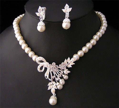 Crystal, Diamond, Pearl Necklace And Earrings-Jewearrings