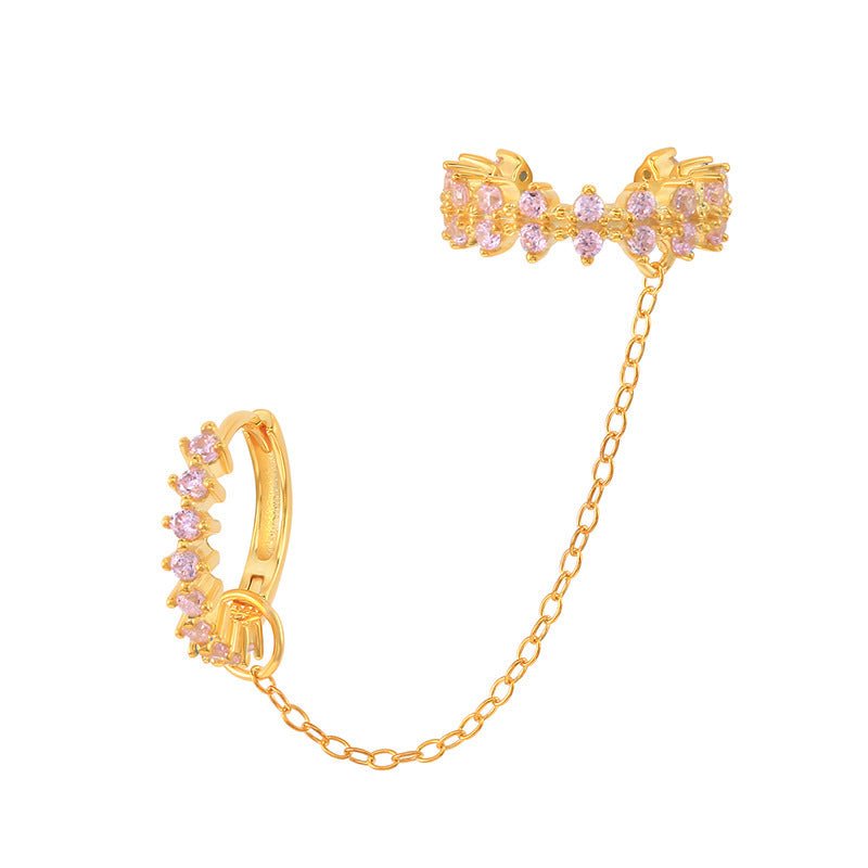 Crystal Hoop And Gold Chain Are Connected With Matching Cuff Earrings-Jewearrings