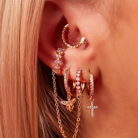 Crystal Hoop And Gold Chain Are Connected With Matching Cuff Earrings-Jewearrings