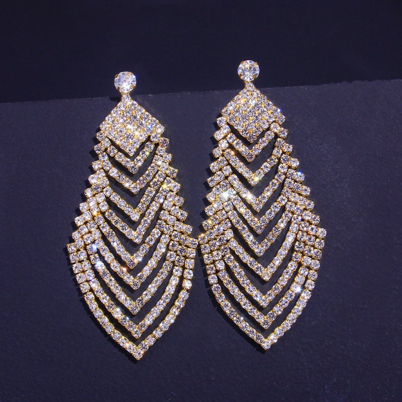 Crystal Long Diamond Leaf Earrings Personality Super Flash Hollow Diamond Stud Earrings-Jewearrings