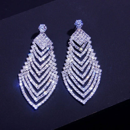 Crystal Long Diamond Leaf Earrings Personality Super Flash Hollow Diamond Stud Earrings-Jewearrings