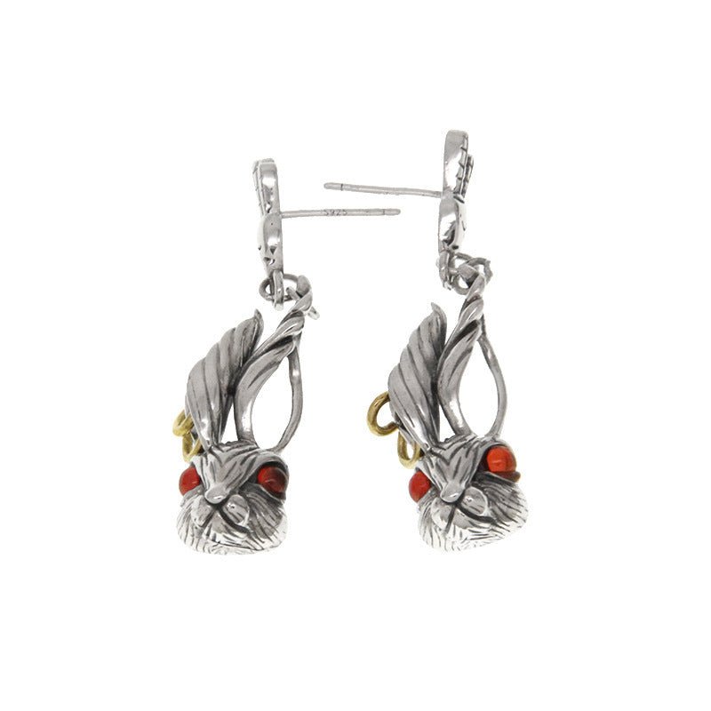 Cute Big Ears Red Eyes Bunny Head Earrings In Sterling Silver-Jewearrings