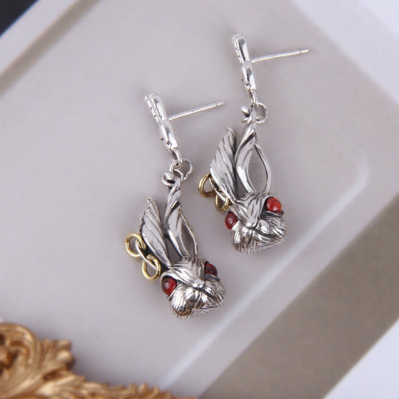 Cute Big Ears Red Eyes Bunny Head Earrings In Sterling Silver-Jewearrings