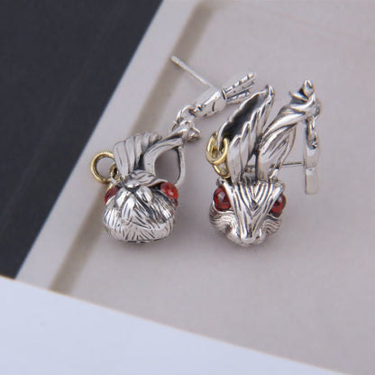 Cute Big Ears Red Eyes Bunny Head Earrings In Sterling Silver-Jewearrings