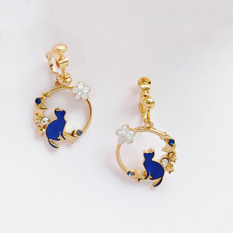 Cute Blue Kitten Earrings Simple Drip Oil-Jewearrings