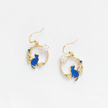 Cute Blue Kitten Earrings Simple Drip Oil-Jewearrings