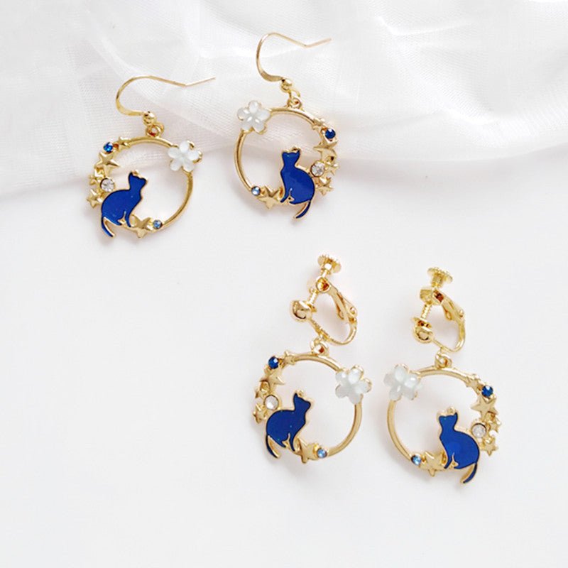 Cute Blue Kitten Earrings Simple Drip Oil-Jewearrings