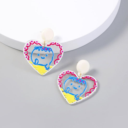 Cute Doodle Acrylic Heart Shaped Baby Face Earrings-Jewearrings