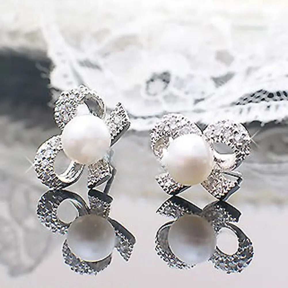 Cute & Elegant: Sparkling Diamond Small Pearl Bow Earrings-Jewearrings