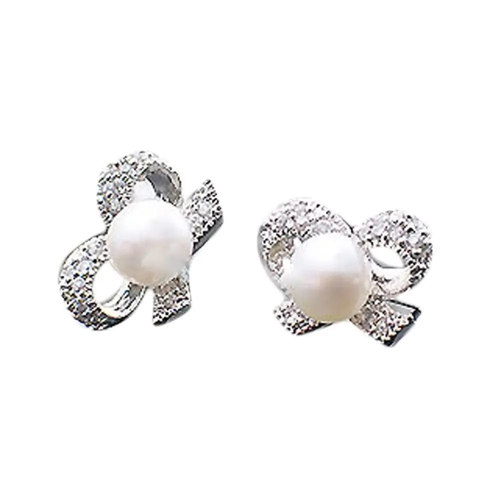 Cute & Elegant: Sparkling Diamond Small Pearl Bow Earrings-Jewearrings