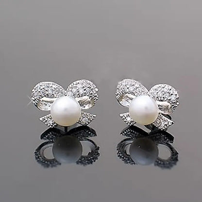 Cute & Elegant: Sparkling Diamond Small Pearl Bow Earrings-Jewearrings