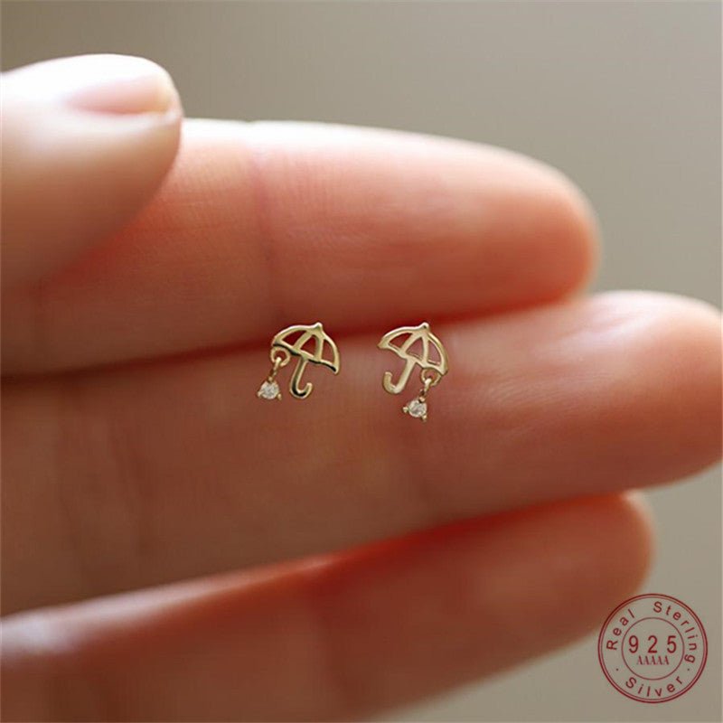 Cute Umbrella 925 Sterling Silver Plated 14K Gold Earrings-Jewearrings