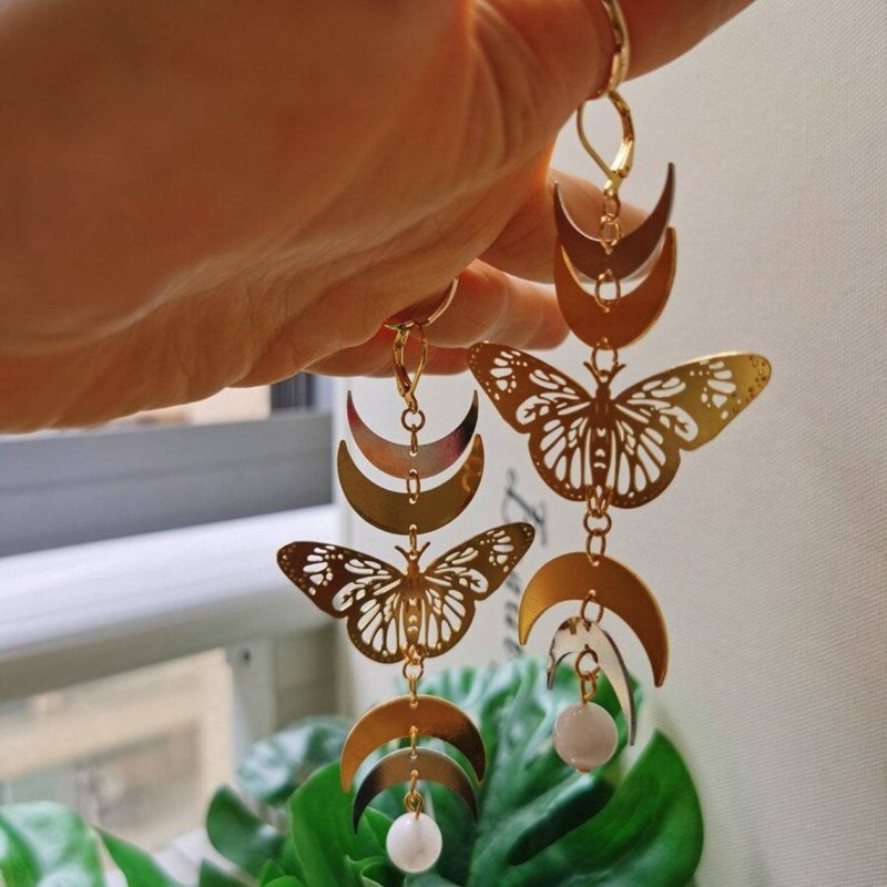 Cutout Gold Plated Moth Drop Earrings-Jewearrings