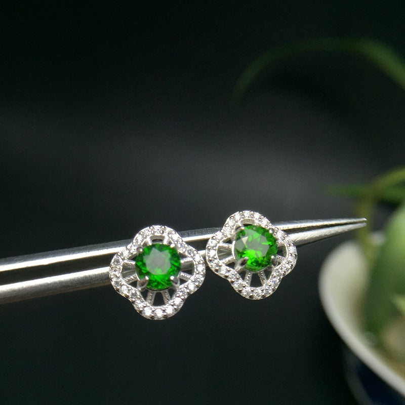 925 Silver Inlaid Diopside Emerald Stud Earrings-Jewearrings