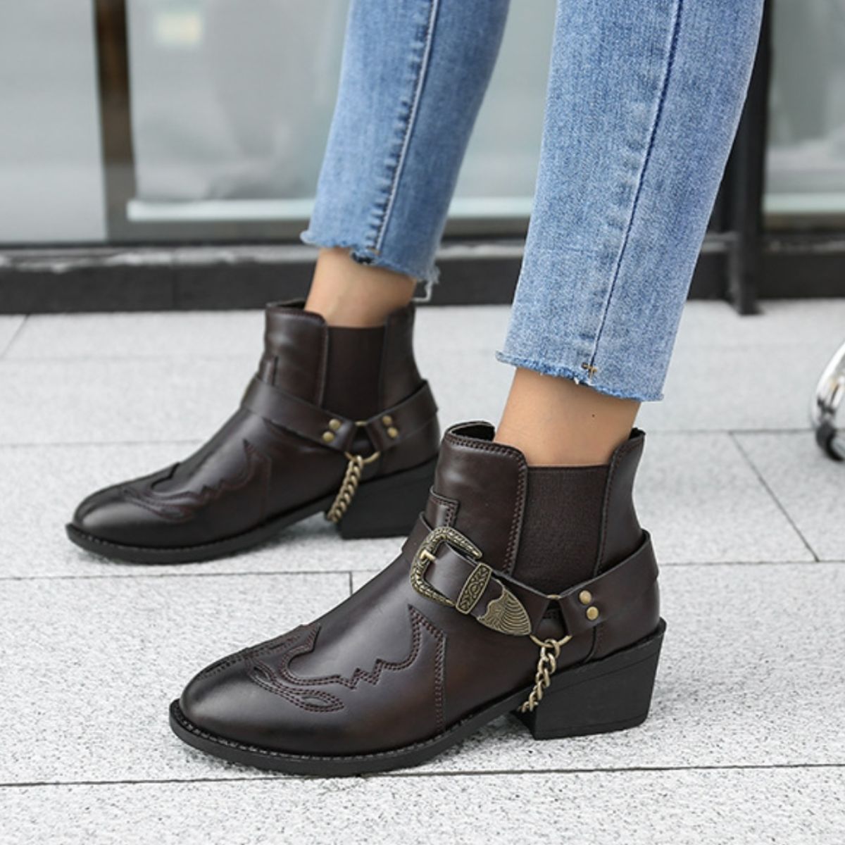 Chain PU Leather Block Heel Boots-Jewearrings