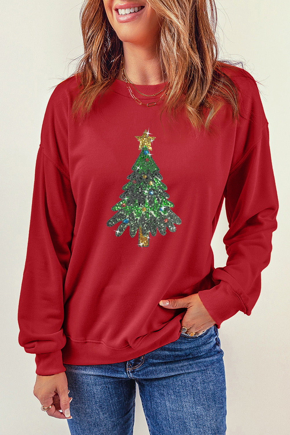 Sequin Christmas Tree Long Sleeve Sweatshirt-Jewearrings