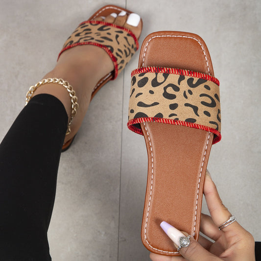 Leopard PU Leather Flat Sandals-Jewearrings