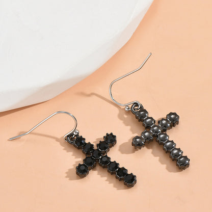 Women's Fashion Black Cross Jeweled Earrings-Jewearrings