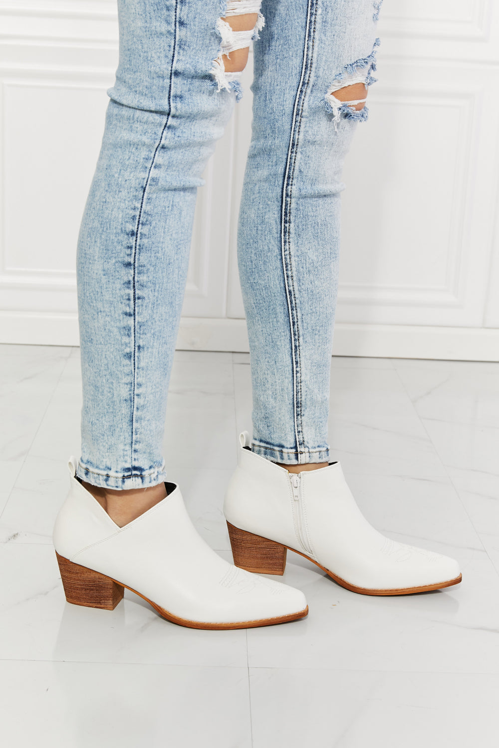 MMShoes Trust Yourself Embroidered Crossover Cowboy Bootie in White-Jewearrings