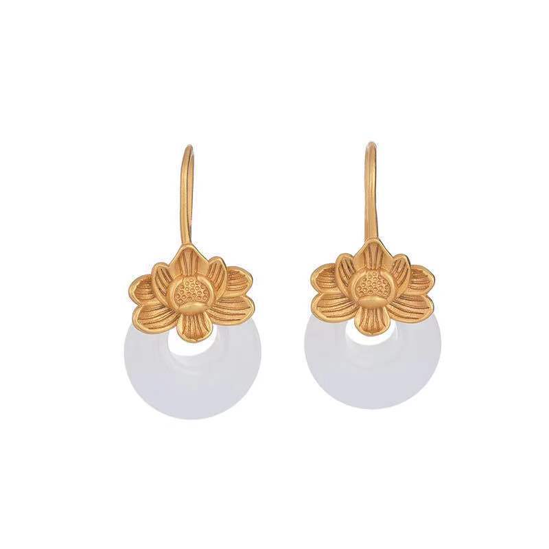 Silver Earrings Female Natural Hetian Jade Retro Personality Lotus-Jewearrings