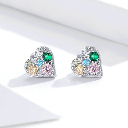 Sterling Silver Stud Earrings Colored Zircon Heart Shaped Personality Earrings-Jewearrings