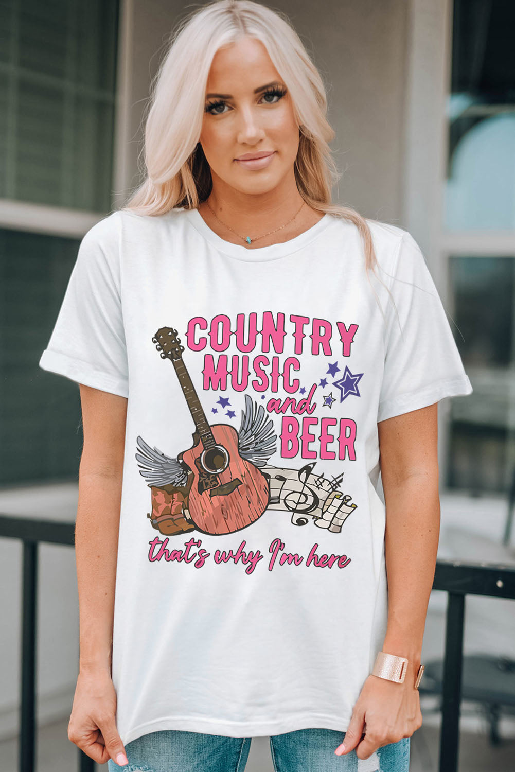 COUNTRY MUSIC & BEER Round Neck Tee-Jewearrings