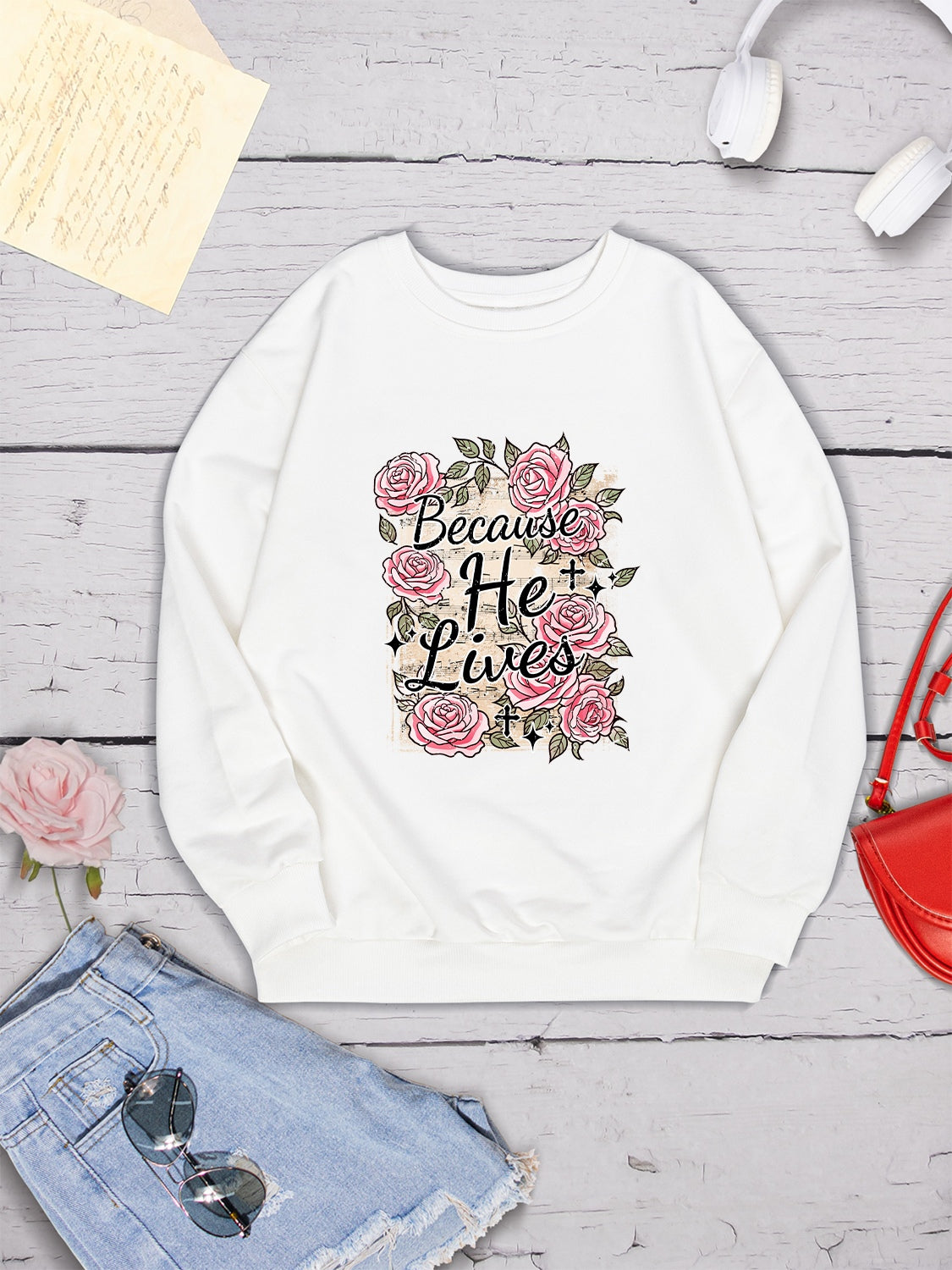 BECAUSE HE LIVES Round Neck Sweatshirt-Jewearrings