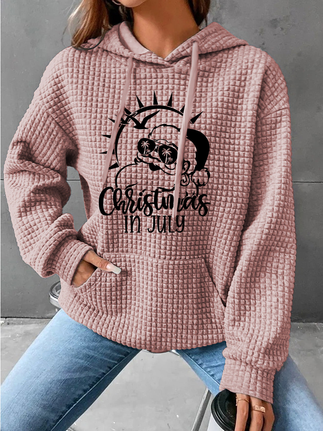 Full Size CHRISTMAS IN JULY Drawstring Long Sleeve Hoodie-Jewearrings