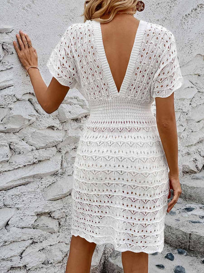 Openwork Plunge Short Sleeve Cover-Up Dress-Jewearrings